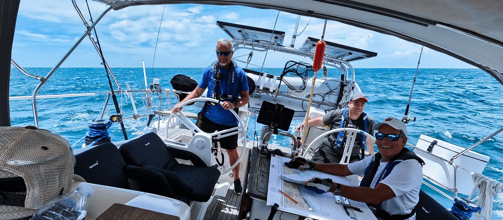 Ocean Sailing Adventures students practicing coastal and offshore sailing skills aboard an Elan training yacht