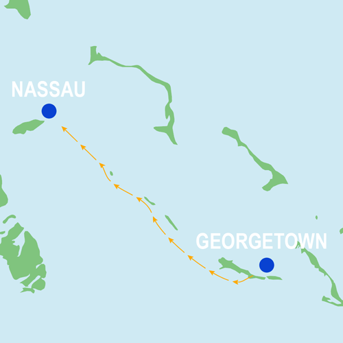 Map of the Exumas Cruise, north-bound sailing route: Coastal