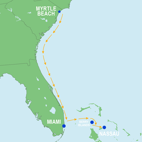 Map of the Myrtle Beach, SC to Nassau, Bahamas sailing route: Offshore
