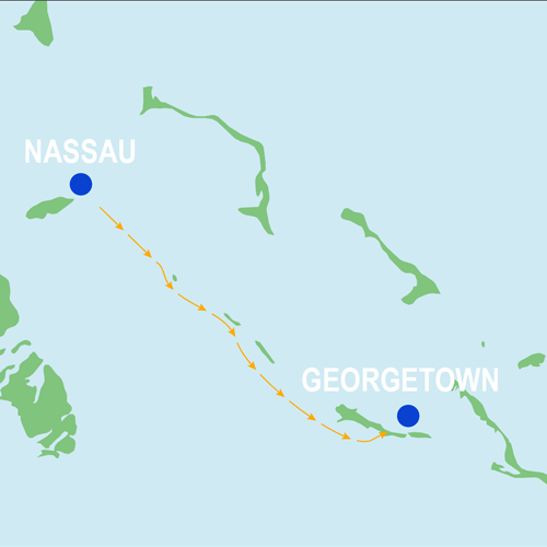 Map of the Exumas Cruise, south-bound sailing route: Coastal