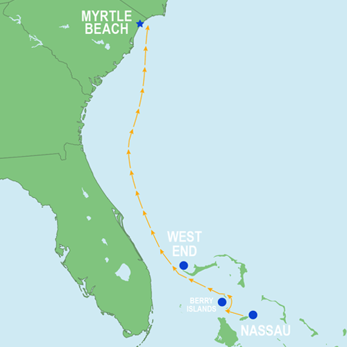 Map of the Nassau, Bahamas to Myrtle Beach, SC sailing route: Offshore